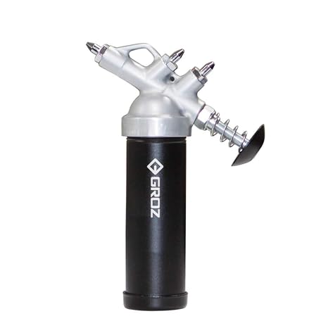 Groz Mini Push Type Grease Gun, 1000 PSI Steel Barrel for Impact Wrench Flush Fittings, 3 oz Cartridge, Die-Cast Aluminum Head, 3 Needle Nozzles 0.028"/0.039"/0.055" (43105)