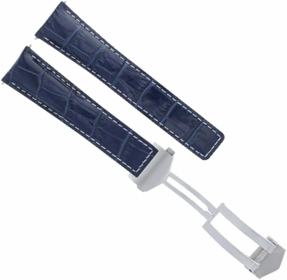 Ewatchparts 22mm Leather Watch Band Strap Deployment Clasp Compatible With Tag Heuer Carrera Monaco Blue With White Stitching