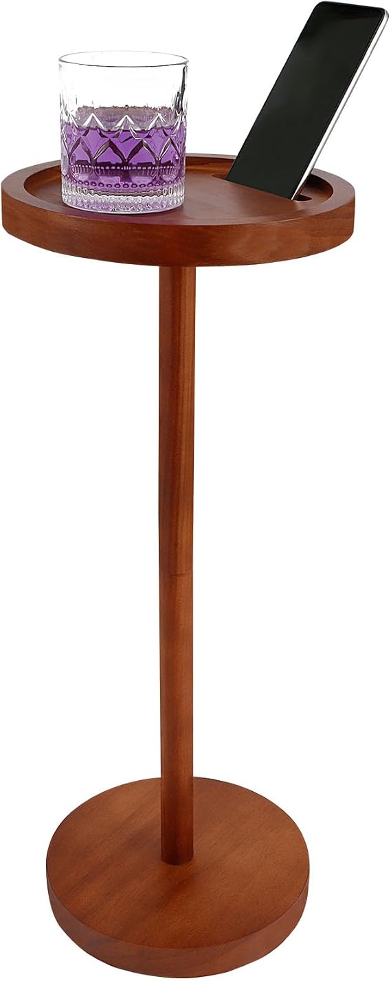 Pedestal Side Table, Solid Wood, Brown, 9.4-inch Diameter, 21.7-inch Height, Integrated Mobile Phone Stand, Weighted Base