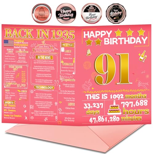 Joycard 91st Birthday Card with Envelope, 91st Birthday Decorations for Women, Birthday Gifts for Grandma, Happy Birthday Cards for 91 Year Old Mother, Back in 1935