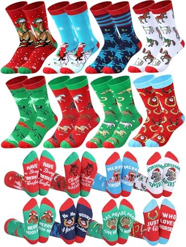 Shyyween 8 Pairs Christmas Horse Cotton Crew Socks for Adult Teen Horse Lovers Funny Xmas Equestrian Gift Stocking Stuffers