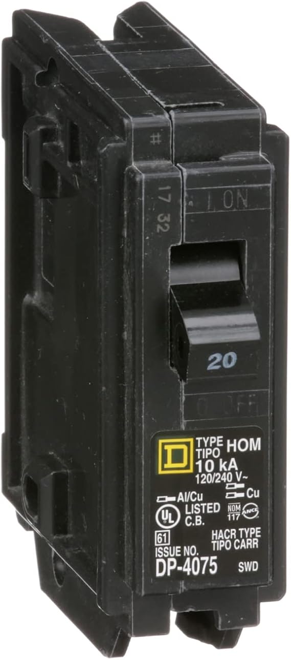 Square D by Schneider Electric HOM120CP Homeline Circuit Breaker, 20-Amp, 120V, 1-Pole, Plug-in Mount, Clam Pack (Quantity 1)