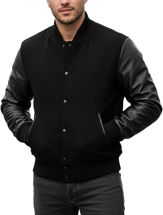 Men's Varsity Jacket Faux Leather Sleeve Wool Blend Letterman Jacket - High School Baseball Bomber Jackets for Men
