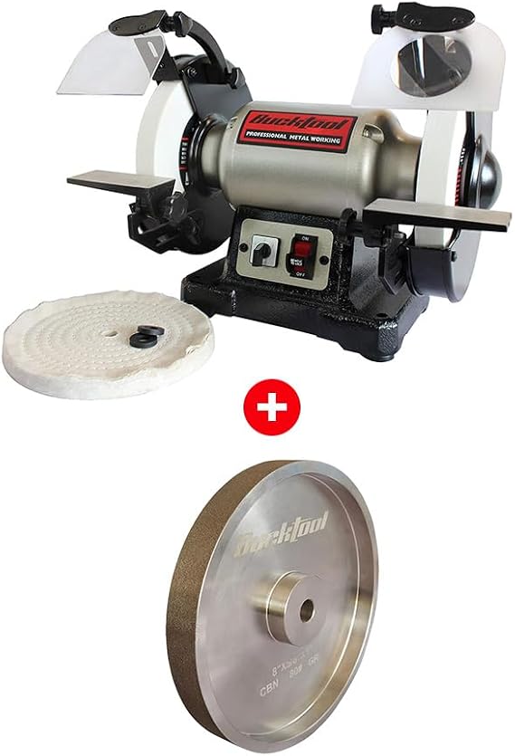BUCKTOOL 8 Inch 1/2 HP Dual Speed Bench Grinder & 80 Grit 8 Inch CBN Grinding Wheel, 1" Wide, 5/8" Arbor Cubic Boron Nitride Sharpening Wheel