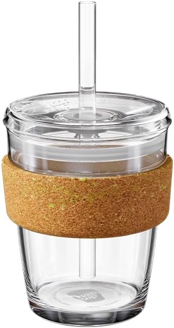 KeepCup Ace Range - Reusable Coffee Cup Brew Cork Tempered Glass Cold Cup Ice Coffee Tumbler with Tennis Ball Cork Band, Lid and Straw - 12oz (340ml)