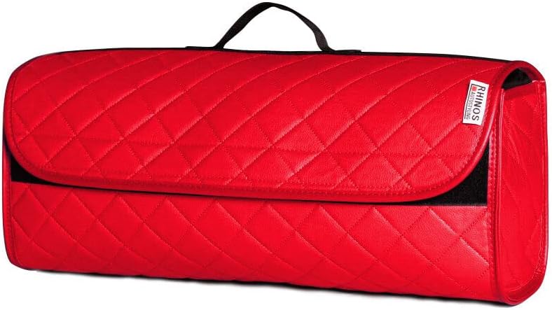rhinos autostyling COMPATIBLE WITH JAGUAR F TYPE (2013-2017) - Durable Boot Tidy Tool Declutter Organiser Compact Storage Car Trunk Anti Slip Bag Leather Quilted Red - Gift Idea