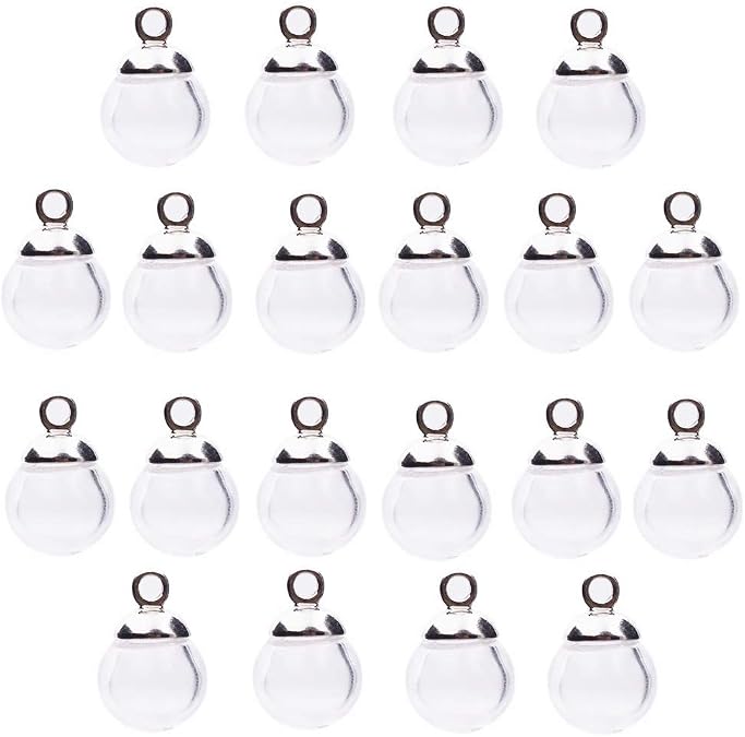 ZenRa 20pcs 8mm Mini Empty clear glass globe 3mm mouth wish glass ball bottles diy pendant charms, 6mm cap include (silver)