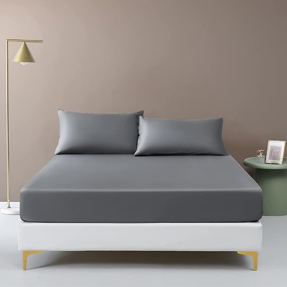 SeventhStitch Extra Deep Fitted Bed Sheet 100% Egyptian Cotton 600 Thread Count 30cm /12” Easy To Fit Bedding White Grey Bedsheets Double King Super King Size Bed Cover Sheets (Grey, Double)