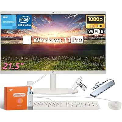 HP 2025 21.5 All-in-One Desktop PC, Intel Celeron J4025, 21.5 FHD LED Display, 32 GB RAM, 1 TB SSD, Win11 Pro, Wi-Fi 6, 720P Webcam, HDMI, Bluetooth, wWired Keyboard & Mouse and Accessories