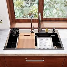 DeerValley Waterfall Kitchen Sink 32 Inch, Drop In Single Bowl Workstation Kitchen Sinks with Pull-Down Faucet, Soap Dispenser, Glass Rinser, Modern for Farmhouse, RV, Bar, Dark Gray