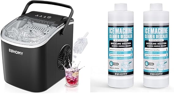 EUHOMY Countertop Ice Maker Machine with Handle, 26lbs in 24Hrs, 9 Ice Cubes Ready in 6 Mins with 32 Fl OZ Ice Machine Cleaner Descaler (8 Uses)