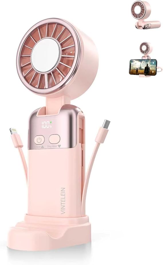 Portable Handheld Personal Fan with USB-C & iOS Cables 5V/2.4A Fast Charging for Cellphone/Tablet, 20H Cooling Time, Foldable Design with Phone Stand for Camping Travel Outdoor (1, Pink)