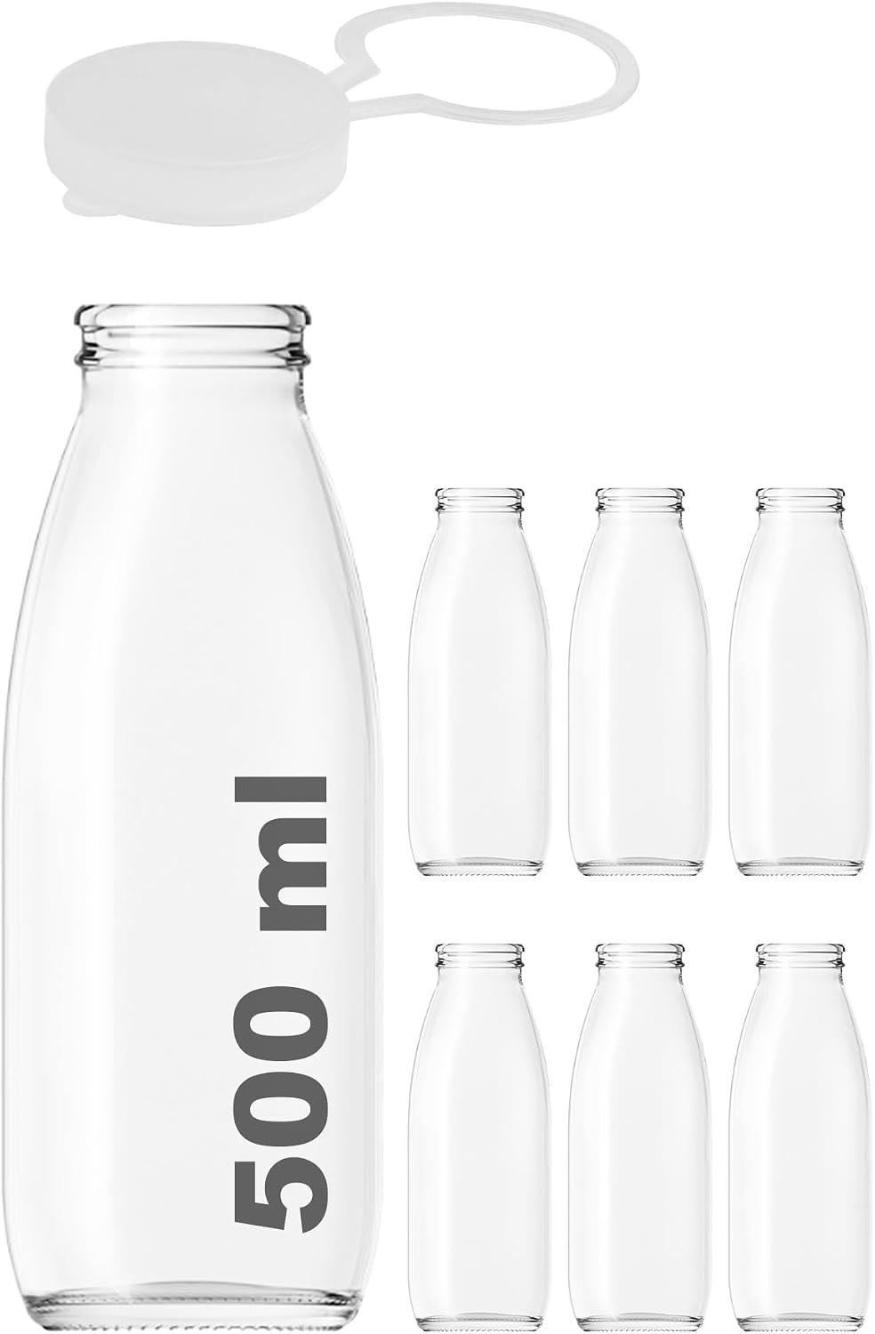 500 ml Şeffaf Sürahi Süt, Ayran, Su, Limonata, Meşrubat Şişesi 500 Cc Askılı Kapaklı Cam Şişe 6 Adet 6, Şeffaf Askılı Kapak, 500