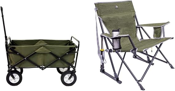 Mac Sports Folding Steel Frame Garden Utility Wagon Cart, Green (for Parts) and GCI Outdoor Kickback Rocker Portable Rocking Chair & Outdoor Camping Chair, Loden Green