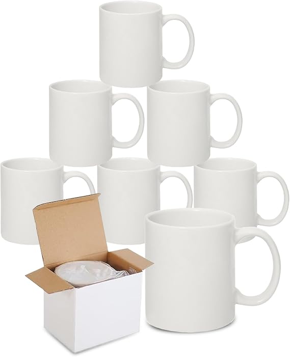 Sublimation Mugs with Boxes | Plain White Large Handle High Gloss Orca Coated, Ceramic Mug for Coffee & Tea | Ideal for Gifting & DIY Projects, Heat Press Printing Mugs 11oz (Pack of 6)