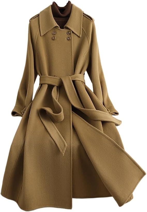 Women's Wool Yellow Jacket OL Mid-Length Thicken Warm Wool Blend Pea Trench Coat Elegant Jacket with Belts(S Code)