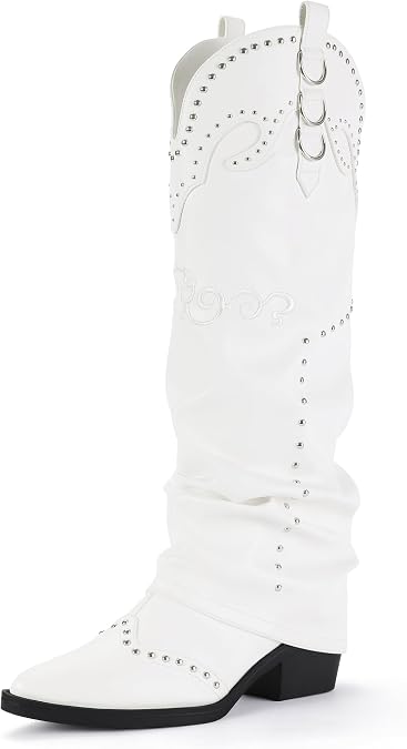 IDIFU IN2 Fold Over Cowboy Boots for Women Cowgirl Knee High Western Embroidered Pointed Toe Slouchy Low Short Block Chunky Heel Zipper Comfort