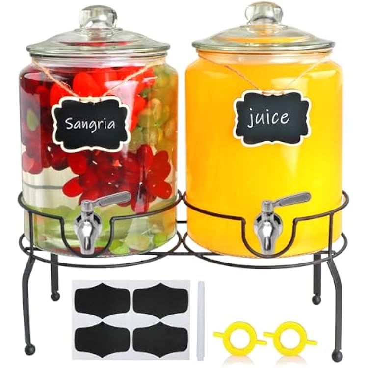 Accguan 1.5-Gallon Drink Dispenser with Iron Rack,Glass Drinking Dispenser with Glass Lid for Parties, Bar, Wedding, Homemade Juice, Laundry Detergent Dispenser,Picnics, Barbecues and Daily,2 pack