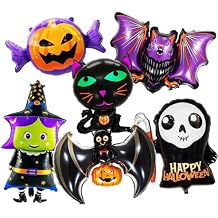 6 Pieces Large Halloween Foil Balloons Decorations Set, Includes Bat, Witch, Pumpkin, Black Cat, Skeleton, Ghost and Spider Designs Mylar Balloons for Spooky Trick-or-Treating Party Supplies