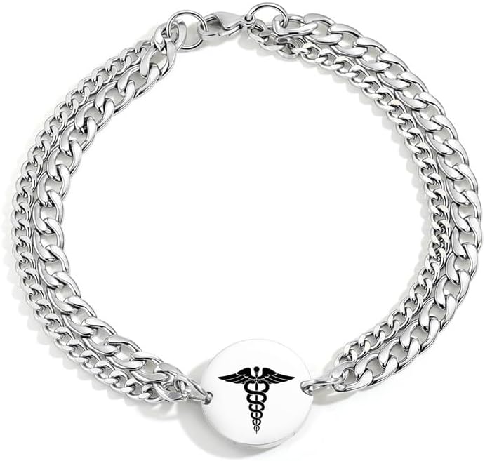 ZKXXJ Personalized Lariat Medical Identification Bracelet for Men Women,Stainless Steel 2 Layers Chain Engraved Plates Wristband Emergency Medical Alert Bracelets with Medical Card,Customizable