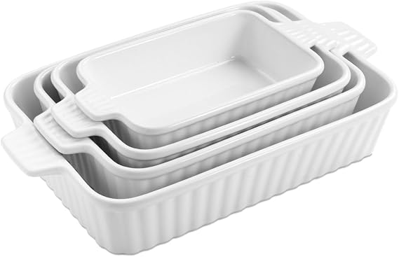 WishDeco Ceramic Casserole Dishes Set of 4, Baking Dishes for Oven, Rectangular Lasagna Pan Deep with Handles, White Porcelain Bakeware (38 cm / 31.5 cm / 28.5 cm / 24.5 cm), Oven & Microwave Safe