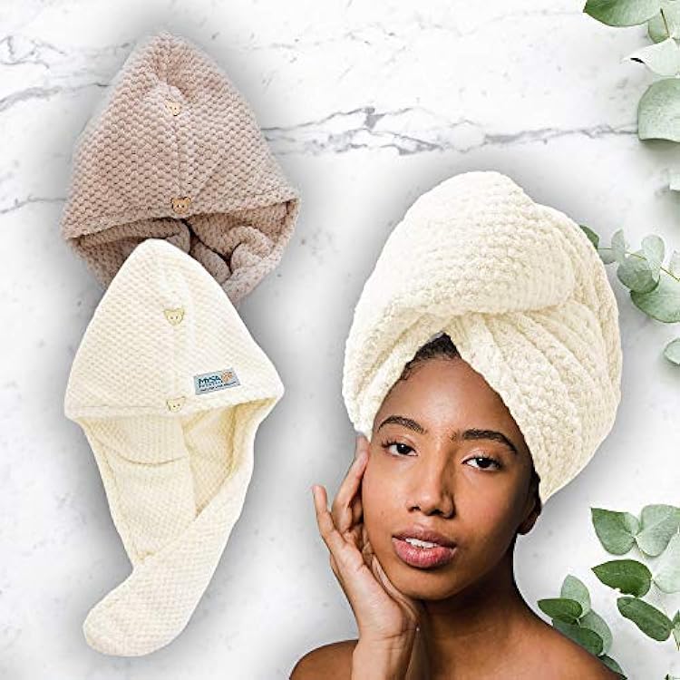2-Pack Double Layers Extra Thick Microfiber Hair Towel Wrap for Curly Hair | Super Soft Absorbent Hair Wrap Towels for Long Hair | Anti Frizz Turban Towel Hair Wrap for Women Quick Dry | Khaki  White