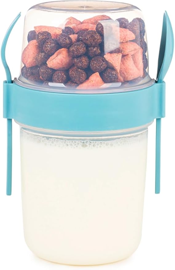 650 ml Take-go Kaşıklı Hazneli Meyveli Müsli Kabı Piknik Iş Yoğurt Süt Bardağı Kapaklı ve Kaşıklı Kahvaltı Bardakları, Tahıl Tepesi Yulaf Ezmesi Granola (Turkuaz)