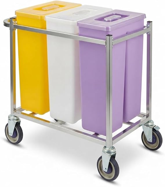 Mobile Triple Ingredient Storage Bin, 30 Gallon Capacity, Yellow/White/Purple, with Cart and Clear Lids, Commercial Kitchen Container, 36.5x17x29 Inches
