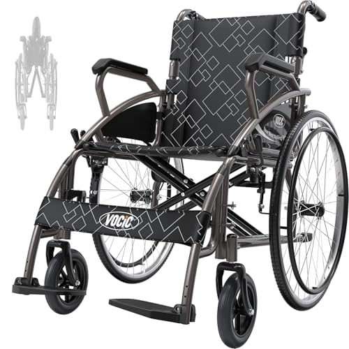 VOCIC Wheelchair Transport Wheelchair Lightweight Foldable 38.6-Ib, Double-Brake Design Wheel Chair with Self-Propelled for Seniors, 23.6-Inch Large Rear Wheel for All Terrains