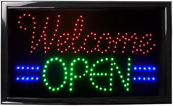 Ultra Bright LED Neon Open Sign, 21.7"x13.0" Large Animated Motion Business Sign with ON/OFF Light, Eye-catching Electric Light Up Sign for Bar, Salon- Vertical, Square "Welcome OPEN"