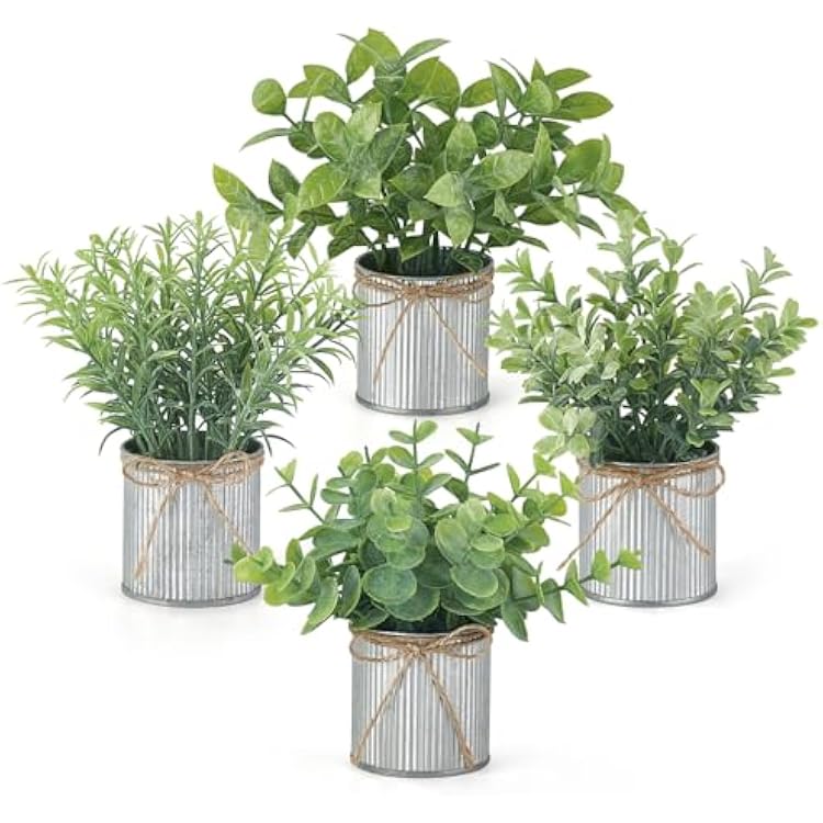 Mkono 4 Packs Small Fake Plants in Farmhouse Galvanized Pots Table Centerpiece Mini Potted Artificial Plants Faux Eucalyptus for Shelf Office Rustic Home Decor Gray, Mini-6 H