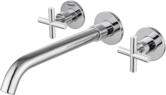 Midanya Wall Mount Bathroom Faucet 3 Hole 2 Cross Handle,Polish Chrome | SUS304 Stainless Steel,Rough-in Valve Included,360° Swivel Spout,for Bathroom Sink,Vanity