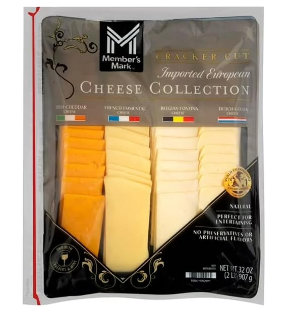 Gourmet Selection Imported Cheeses, each slice of cheese in this gourmet selection contains only 100 calories, allowing you to indulge without feeling guilty, 32 Oz
