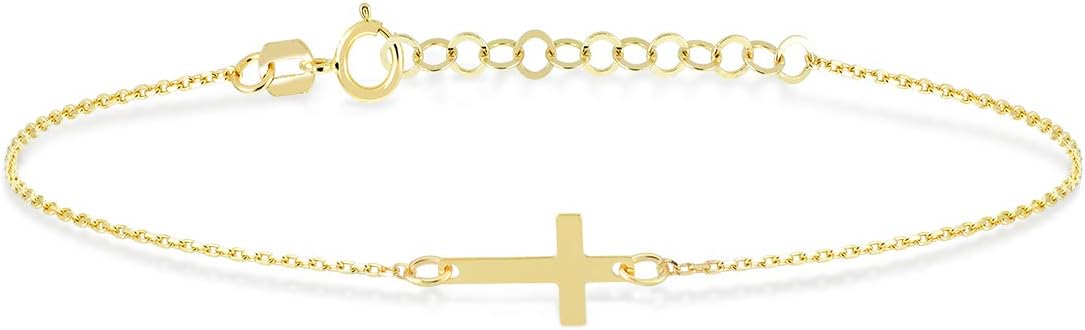 Gelin 10K Solid Gold Sideways Cross Bracelet for Women - Dainty Religious Charm Bracelet