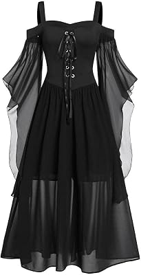 RKSTN Butterfly Sleeve Maxi Dress for Womens Medieval Punk Gothic Clothes Sexy Halloween Costume Cold Shoulder Corset Dresses