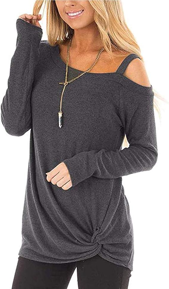 Miselon Women's Casual Solid T Shirts Cold Shoulder Side Twist Knot Tunics Tops