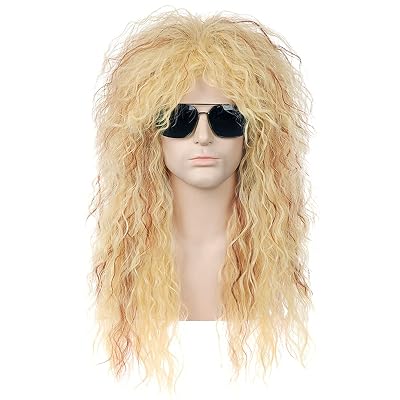 BERON 70s 80s Punk Rocker Long Curly Mullet Wig for Men Heat Resistant Synthetic Cosplay Funny Costume Wig Golden Blonde