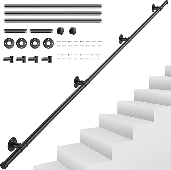 Handrails for Stairs, Sunowl Stair Handrail for Indoor Outdoor, Safety Wall Mounted Hand Rails Non-Slip Industrial Wrought Iron Banister Handrail for Elderly Kids Disabled, 2.5M