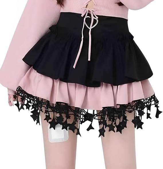 Kawaii Harajuku High Waisted Mini Skirts for Women Gothic Cute Star Lace Patchwork Double Layer Y2K Skirt