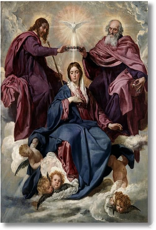 Coronation of the Virgin by Diego Velzquez Canvas Print Roman Catholic Christian Wall Art, Gallery Wrapped, Virgin Mary Religious Gift, 7" x 5" (13cm x 18cm)