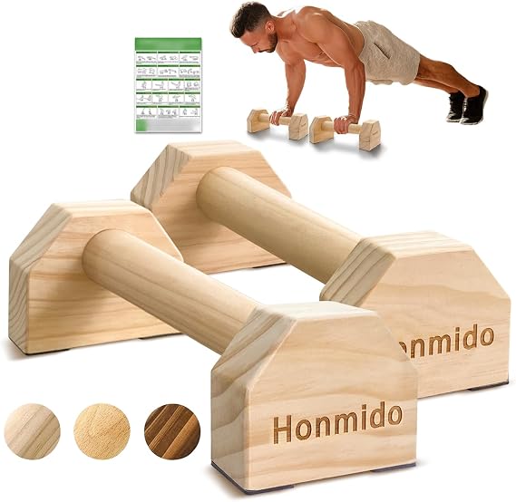Wooden Parallettes 2 PCS Push Up Stand For Floor Calisthenics Bars Home, Handles Handstand Blocks Beech & Pine Wood Pushup Non-Slip Base Parallel Exercise Equipment For MenTrainers
