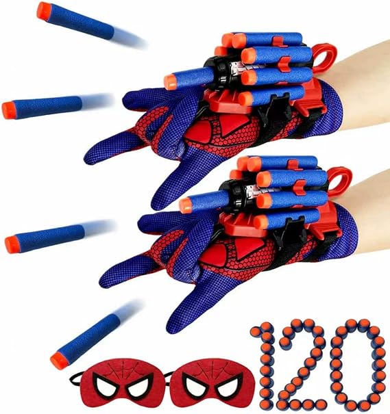 Set of 2 Spider Web Shooters Easter Basket Stuffers for Wrist Launcher Web Shooter Spider Gloves Web-Shooters fo Easter Decorations Party Favors - Ages 14 + (Red) (red+blue-2p-120)