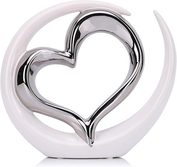 White and Silver Home Decor Porcelain Heart Decor - for Living Room Entryway Coffee Dining Table Shelves, Wedding, Valentine's Gift for Couples & Lovers, Heart Sculpture Art