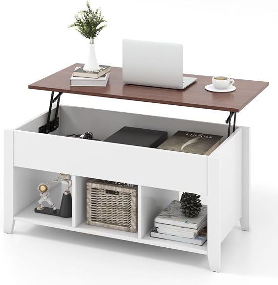 CASART Lift Top Coffee Table, Wooden Lifting Sofa Side Table with Lift Tabletop, Hidden Storage, 3 Open Cubes, Middle Leg, Home Office Tea Table for Living Room Bedroom Study (White)