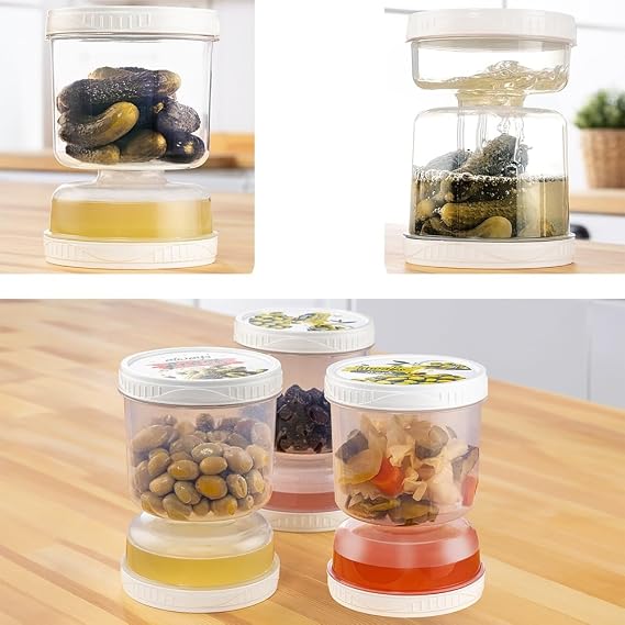 Meleni Home 3-Piece Set Leak Proof Olive Grove with Strainer Flip Use Pickle Storage Container 1.5 Lt Transparent