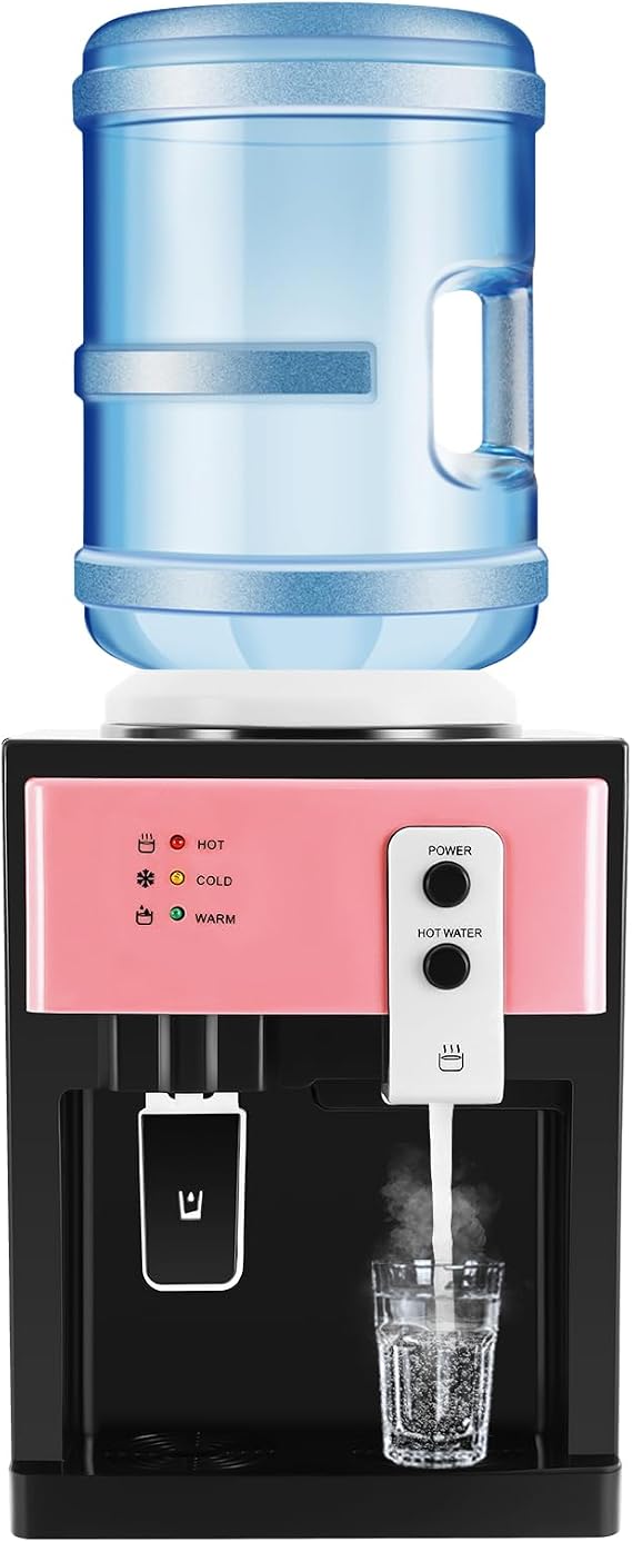 Countertop Water Dispenser for 1.1 to 5 Gallon Bottle, Mini Top Loading Water Cooler, 3 Temperature Settings Cold Hot Room Temp Water Dispenser Suitable for Kitchen Bedside Office Use (Pink)