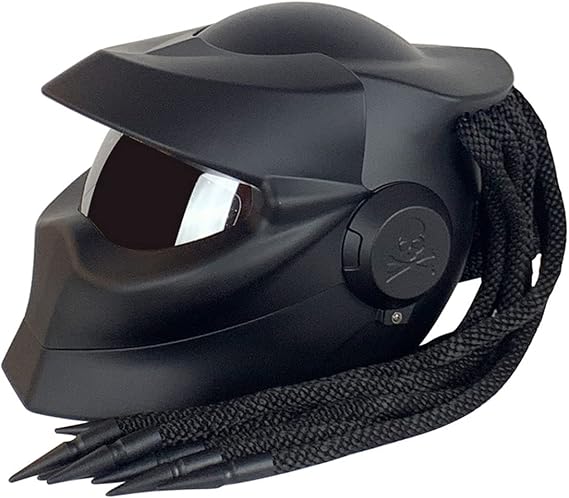 Predator Motorcycle Helmet, Personality Full Face Flip Open Motorcycle Helmet Mask with Hair Braid And LED Light for Outdoor Riding Or Club Parties And Cosplay Prop, DOT,Bright Black,L