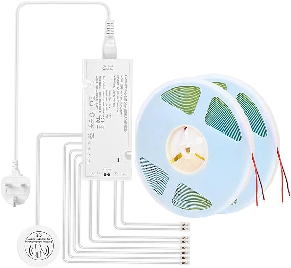 RYE Under Cabinet LED Light Strip Kit, 2 Rolls x 5M Cuttable 3000K Warm White COB, Diffused Power 8 JST & 2 Hardwired Outlets, Touch Sensor for Bookshelf, Floating Shelf, Slat Wall Panel DIY Lighting [Energy Class A]
