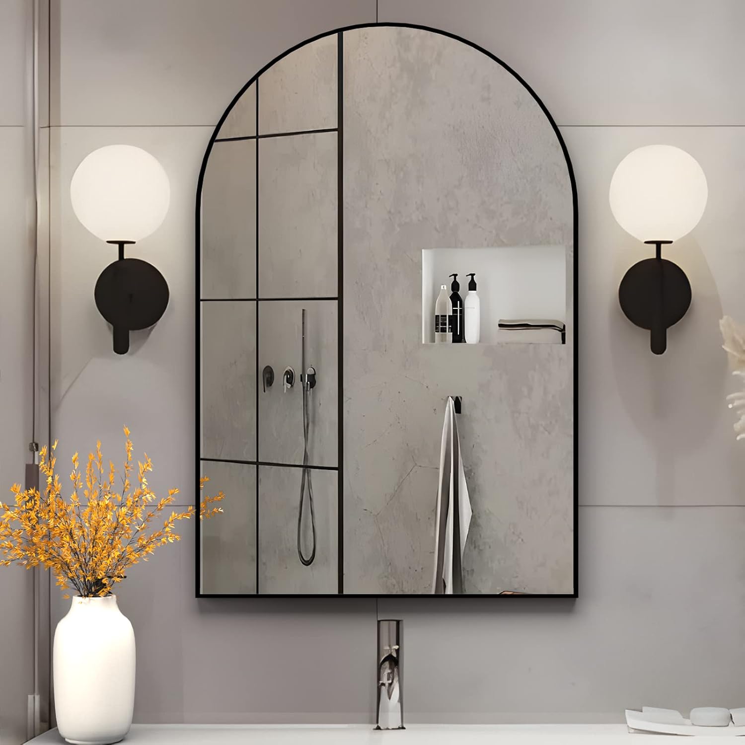 NEUWEABY Arched Wall Mirror for Bathroom, 75x50 cm Arched Mirror Wall Mounted Mirror with Metal Frame, Black Vanity Mirror Decor for Mantle, Bedroom, Entryway, Living Room