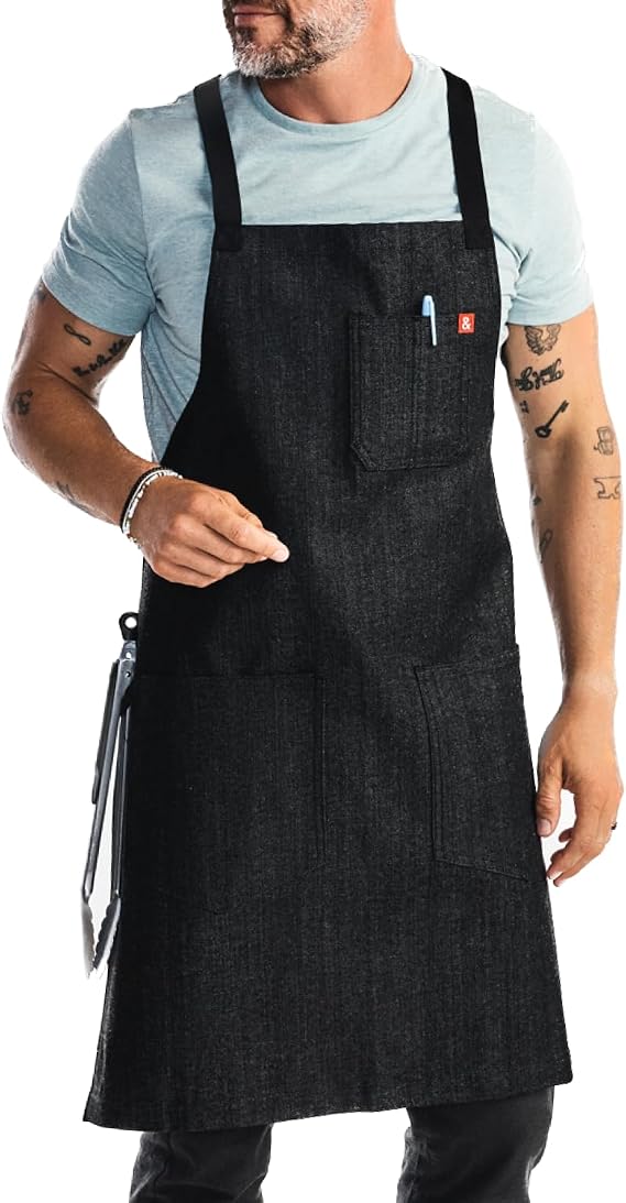 hedley & bennett Crossback Chef Apron Professional Kitchen Apron for Men & Women 100% Cotton Denim, 8oz Fabric Abalone Black